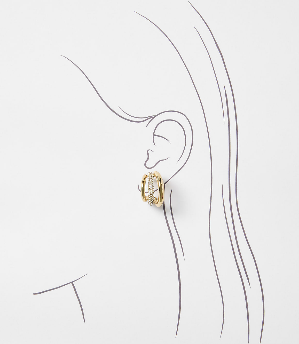 A gold and diamond earring adorns a stylized ear in the foreground, set against a minimalist line drawing of a head and neck in the background.