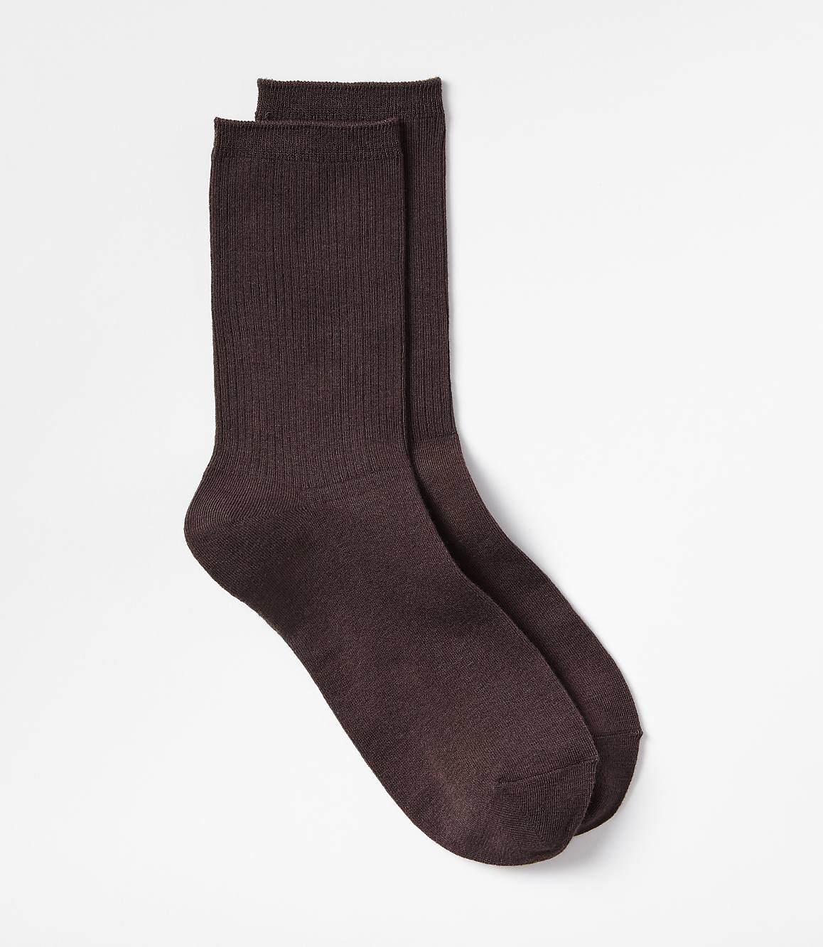 Two brown ribbed socks are laid out against a plain white background.