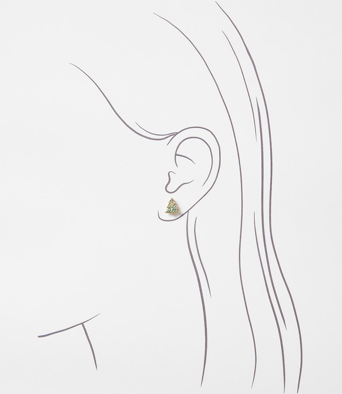 A delicate, triangular earring with small stones adorns a stylized ear, set against a plain, light background.