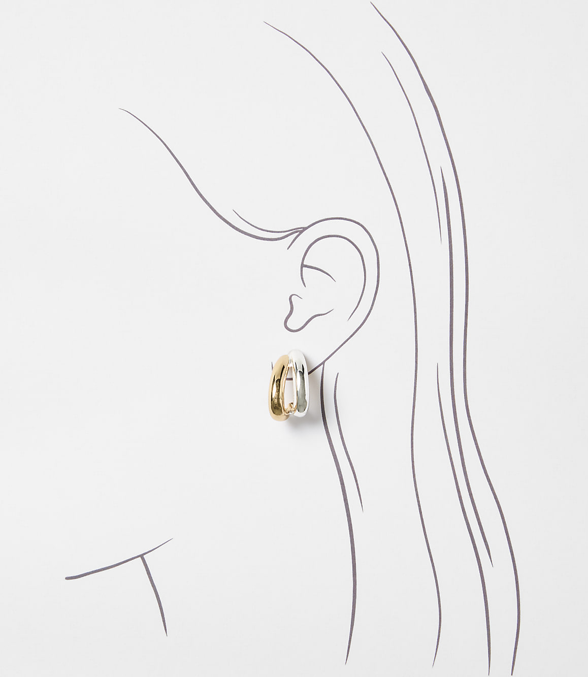 A pair of tri-color gold hoop earrings are displayed against a minimalist line drawing of a woman's head and neck.
