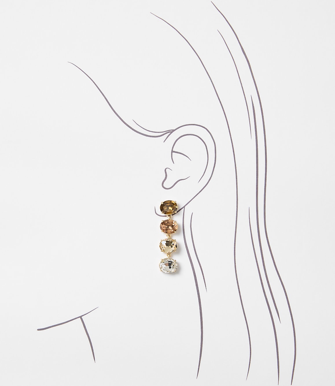 A delicate gold earring with four gradient-colored gemstones hangs from a stylized ear against a plain white background.