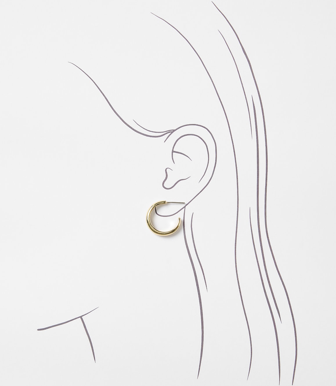 A delicate gold hoop earring adorns a sketched ear against a plain white background.