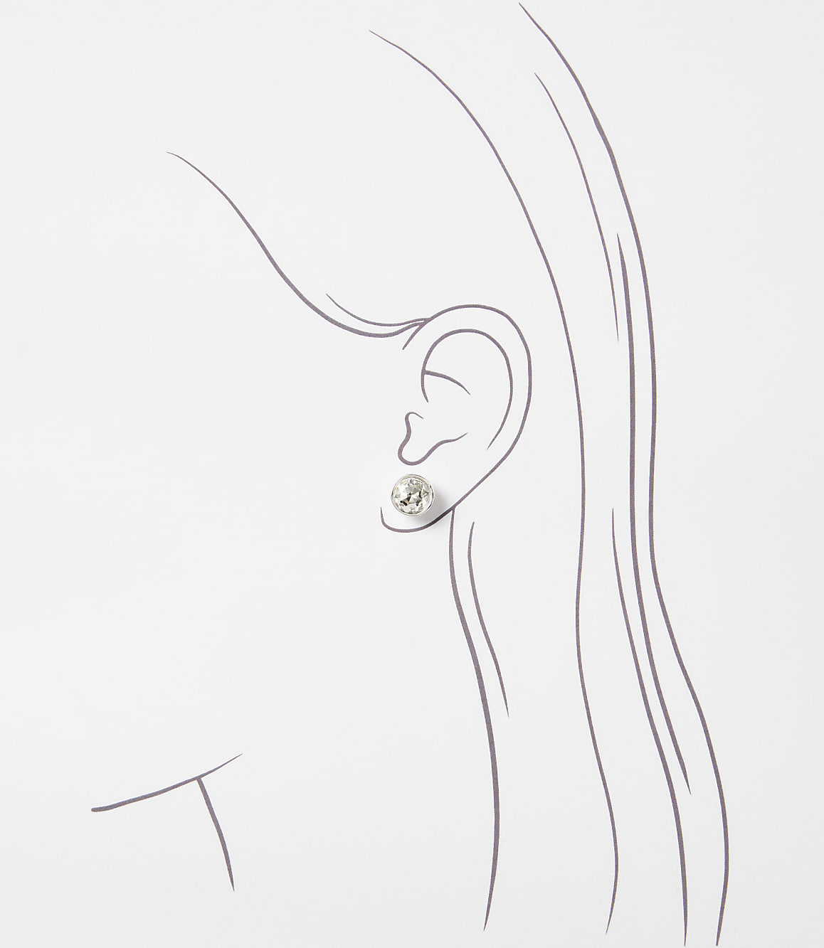 A simple sketch of a woman's ear with a stud earring in the foreground is set against a plain white background.