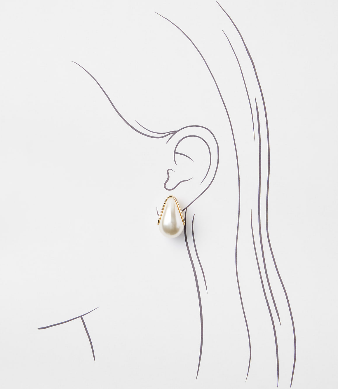 A single teardrop pearl earring with a gold setting is shown on a sketched ear against a white background.