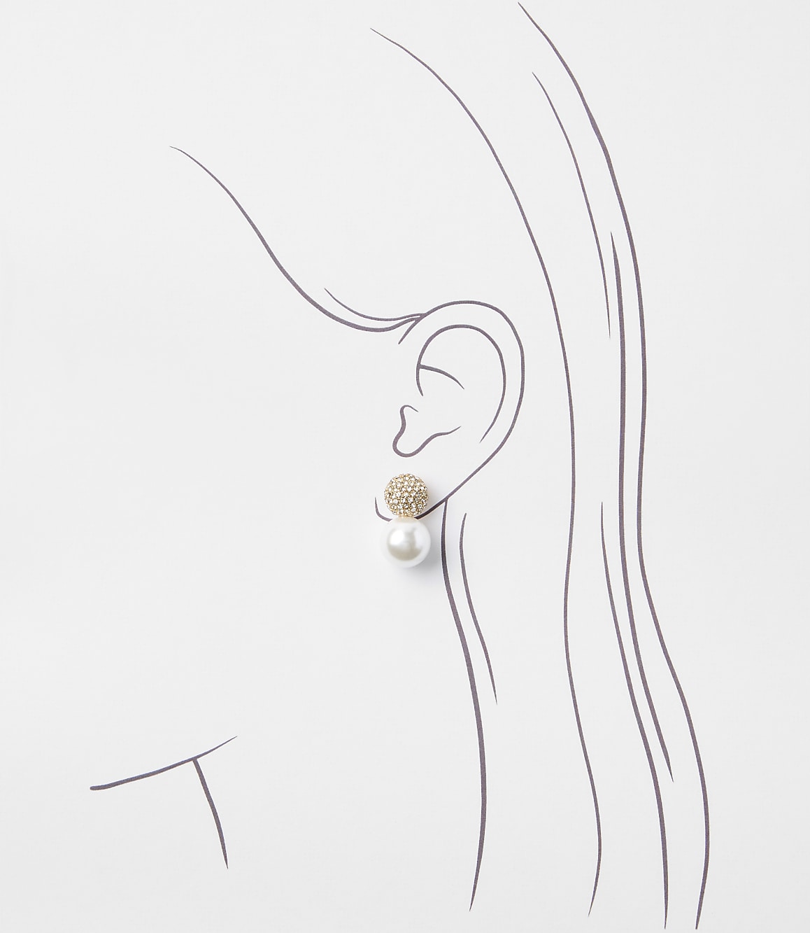 A delicate pearl earring with a sparkling stud hangs from a sketched ear against a plain white background.