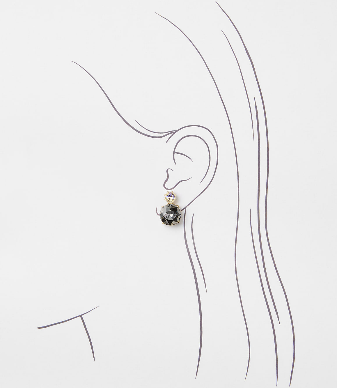 A delicate sketch of a woman's ear showcases a sparkling gray and pink stud earring against a plain white background.