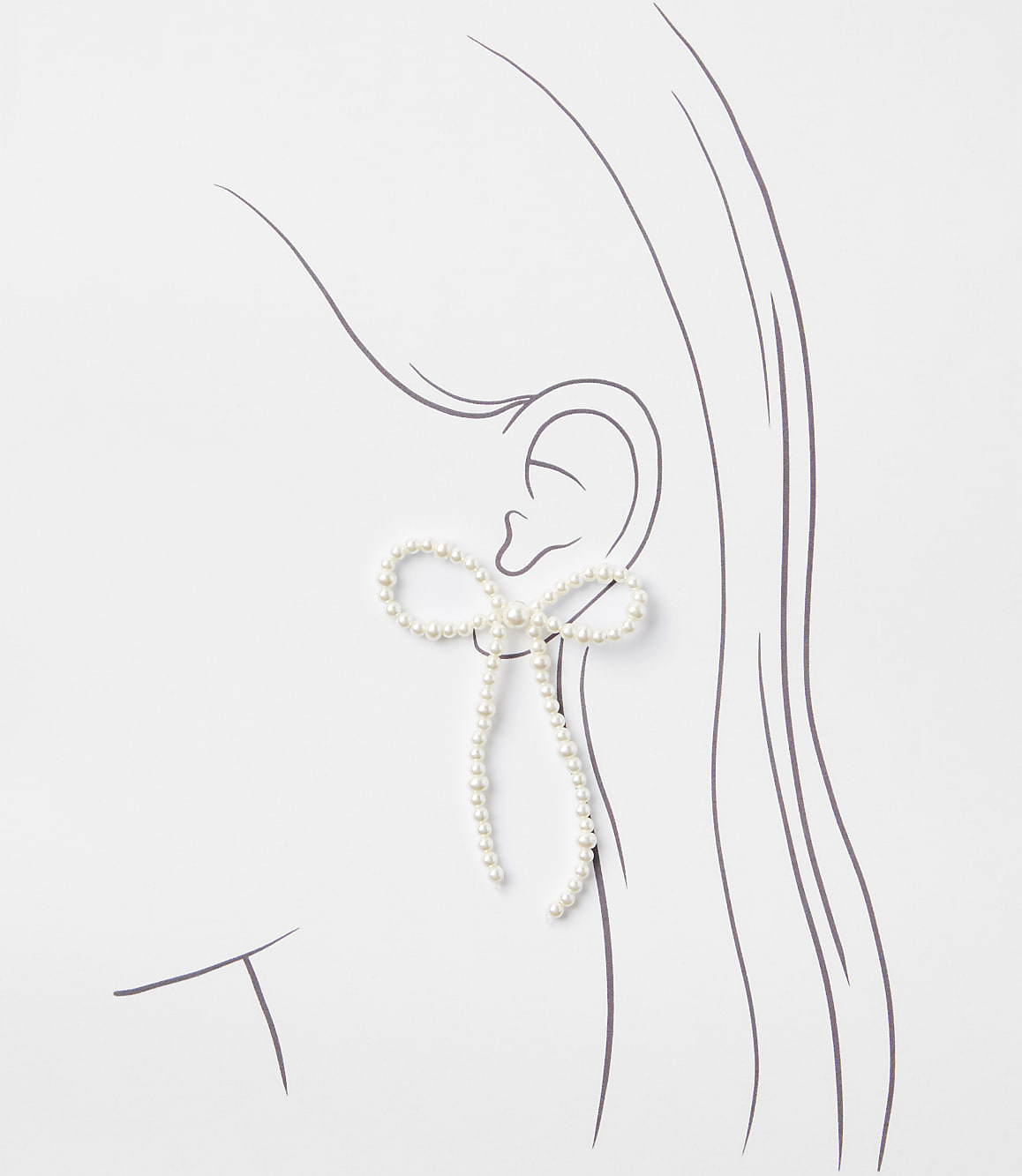 A pearl-encrusted bow earring dangles from a sketched ear against a white background.