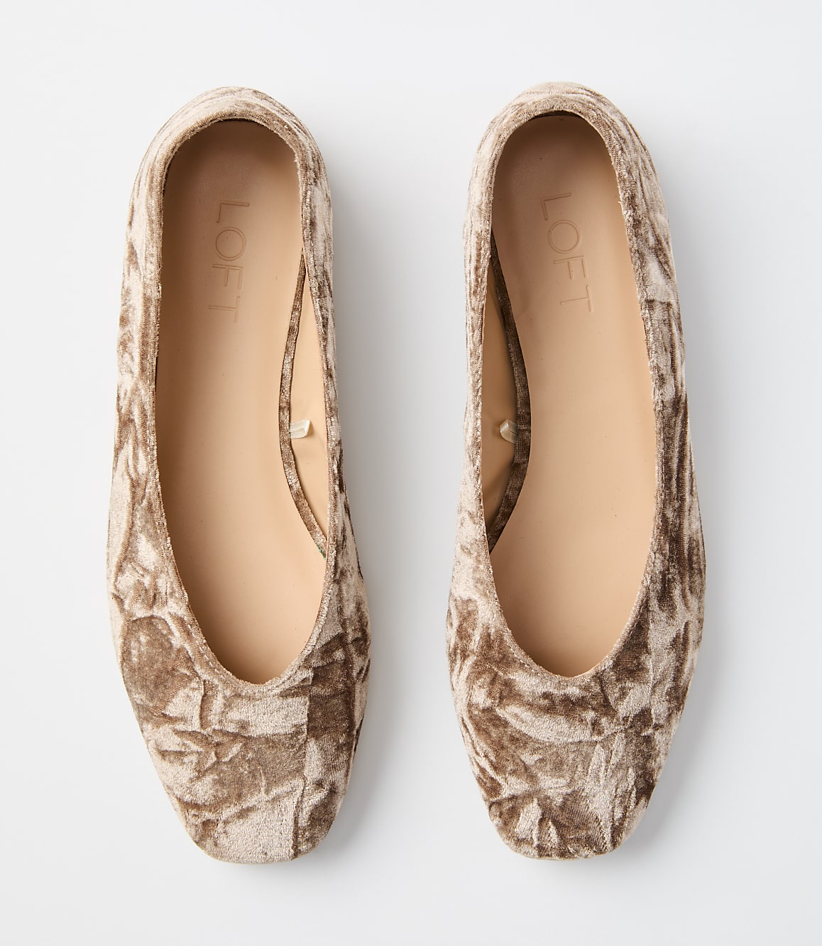 A pair of crushed velvet ballet flats with "LOFT" branding rests on a plain white background.