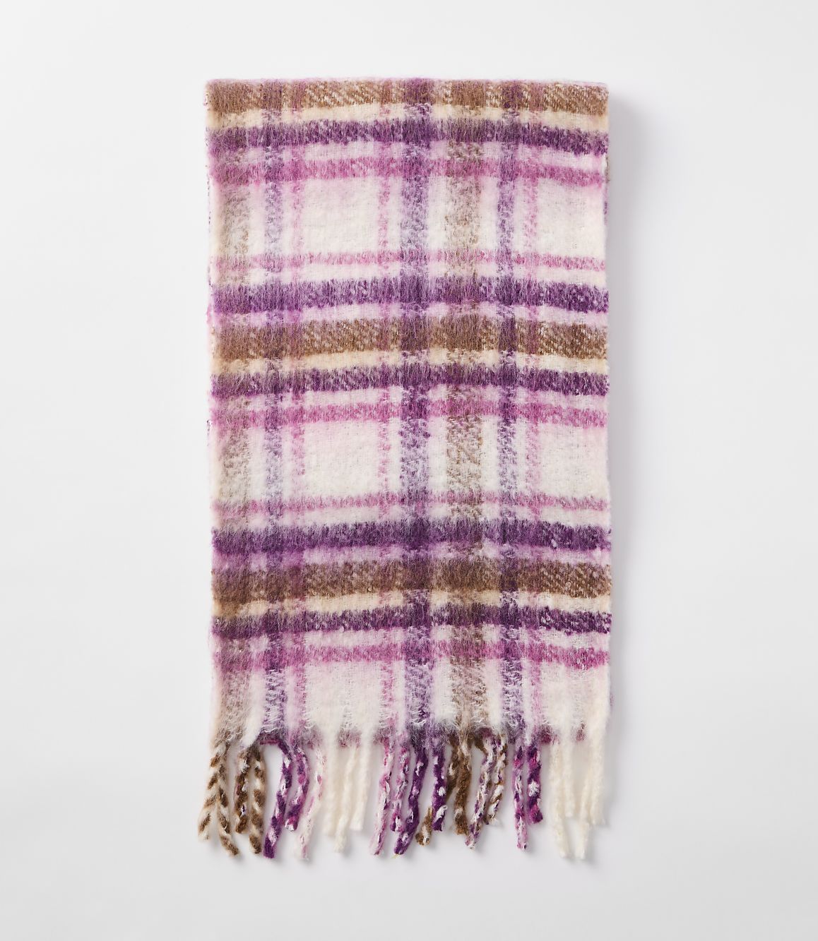 A fuzzy, plaid scarf with pink, purple, and brown stripes lies flat against a plain white background.