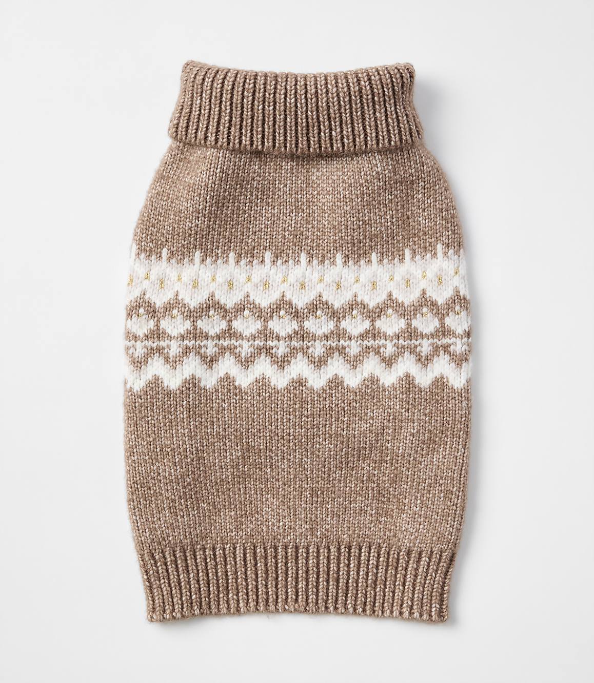 A brown knitted dog sweater with a white geometric pattern and a white background.