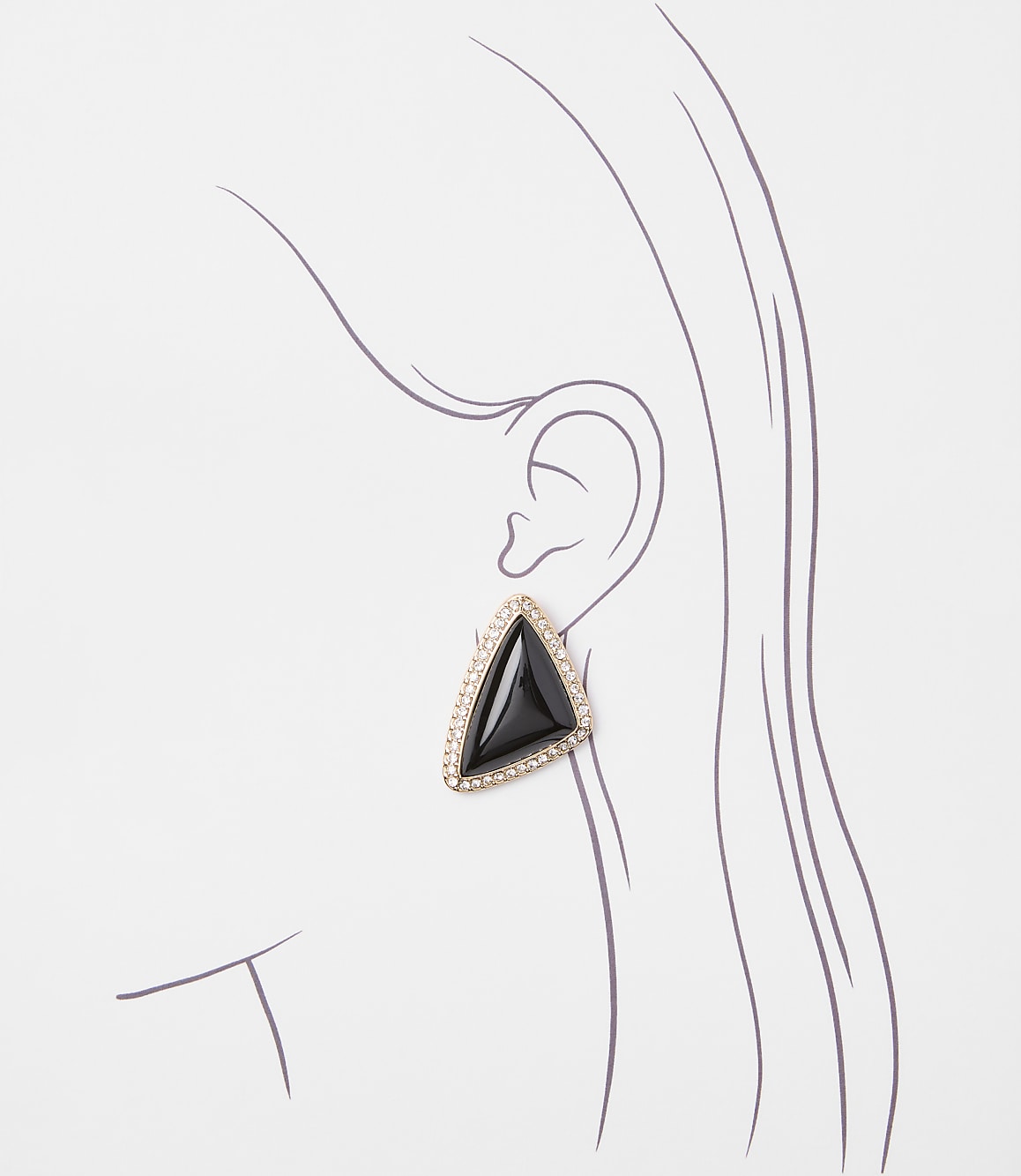 A triangular black earring with a diamond-encrusted border is displayed on a sketch of a woman's ear against a white background.
