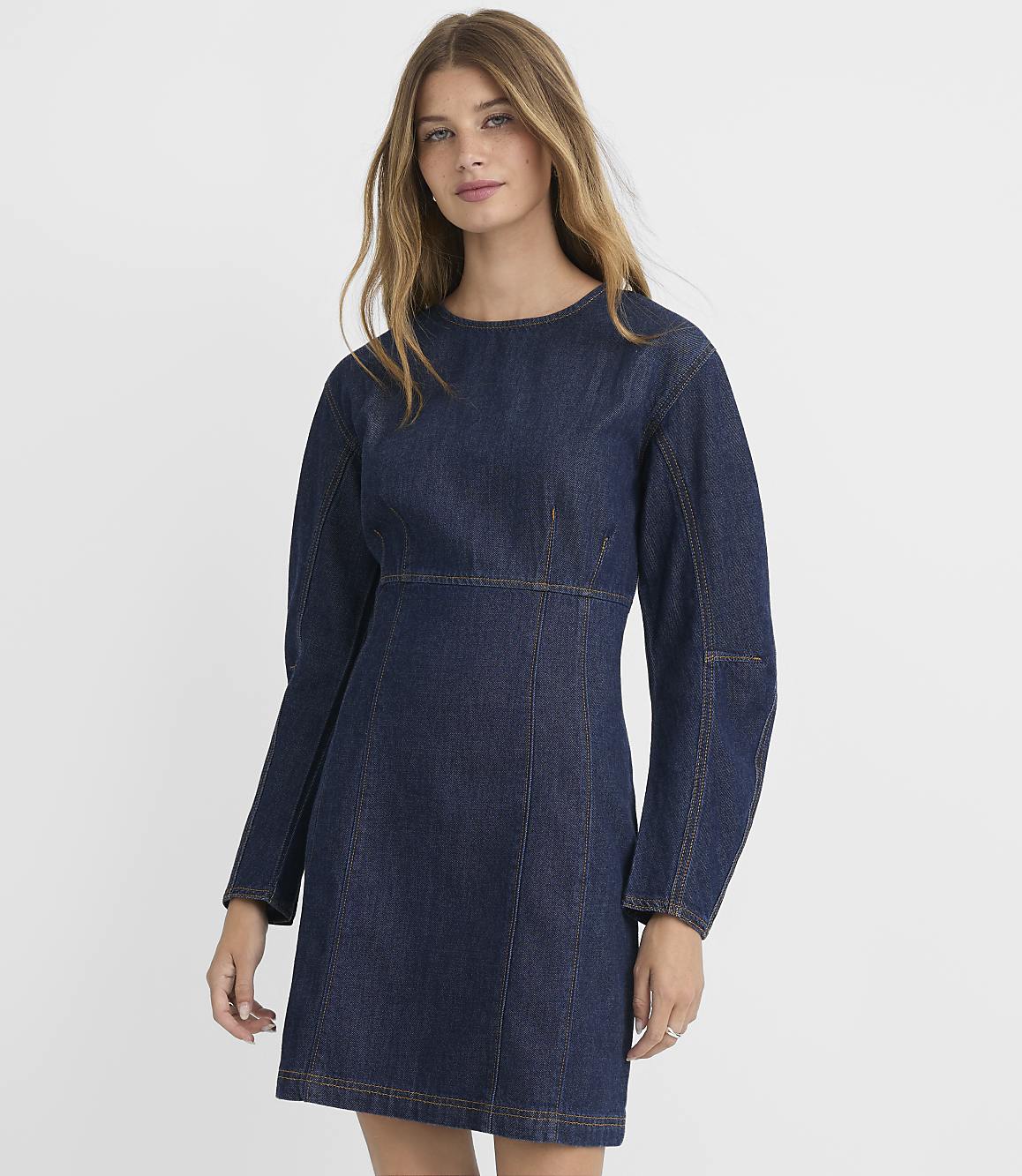 A woman in a dark denim dress with puffed sleeves stands against a plain white background.