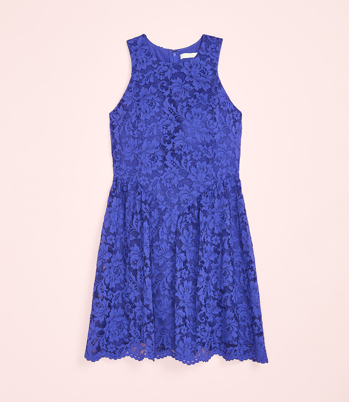 A royal blue lace dress is centered against a solid light pink background.