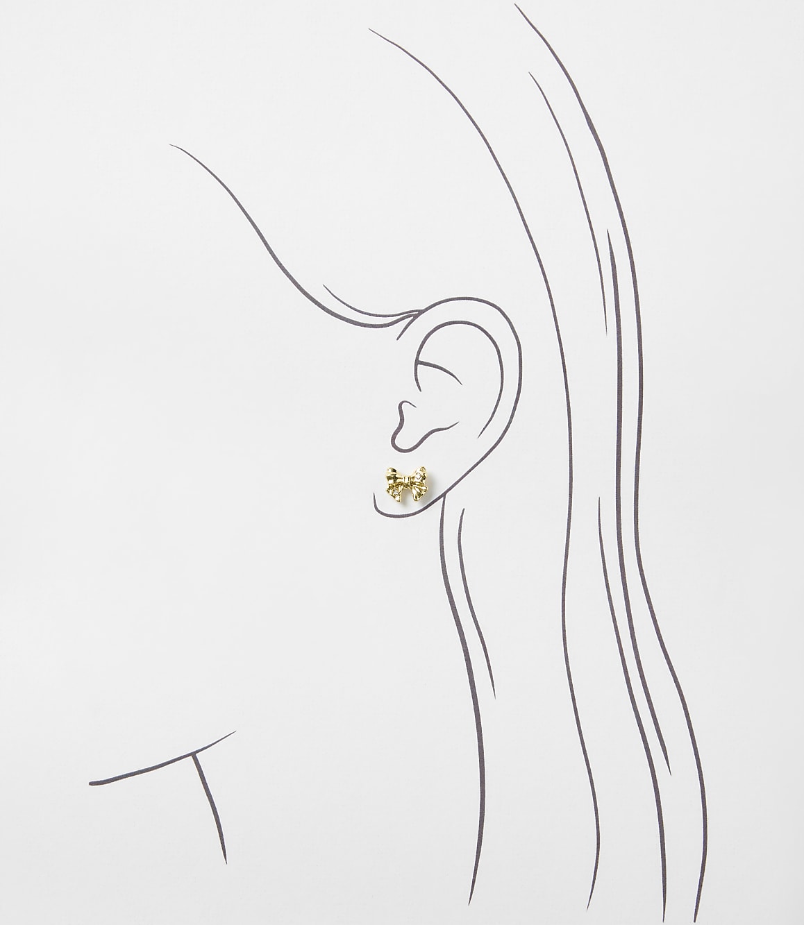 A small gold bow earring is positioned on the ear of a minimalist line drawing of a woman's profile against a plain white background.