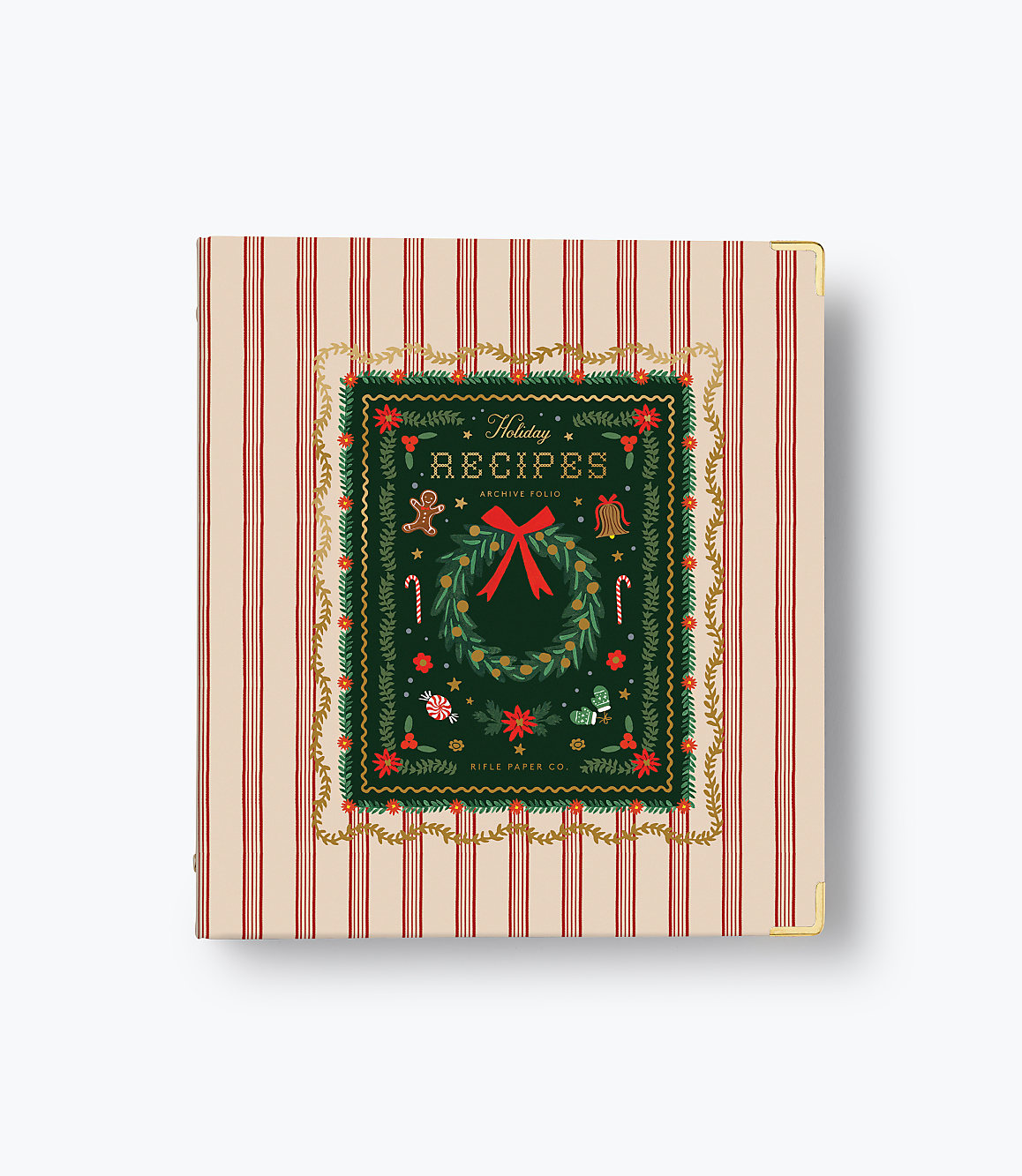 A holiday recipe archive folio with a festive wreath design sits centered against a red and white striped background.