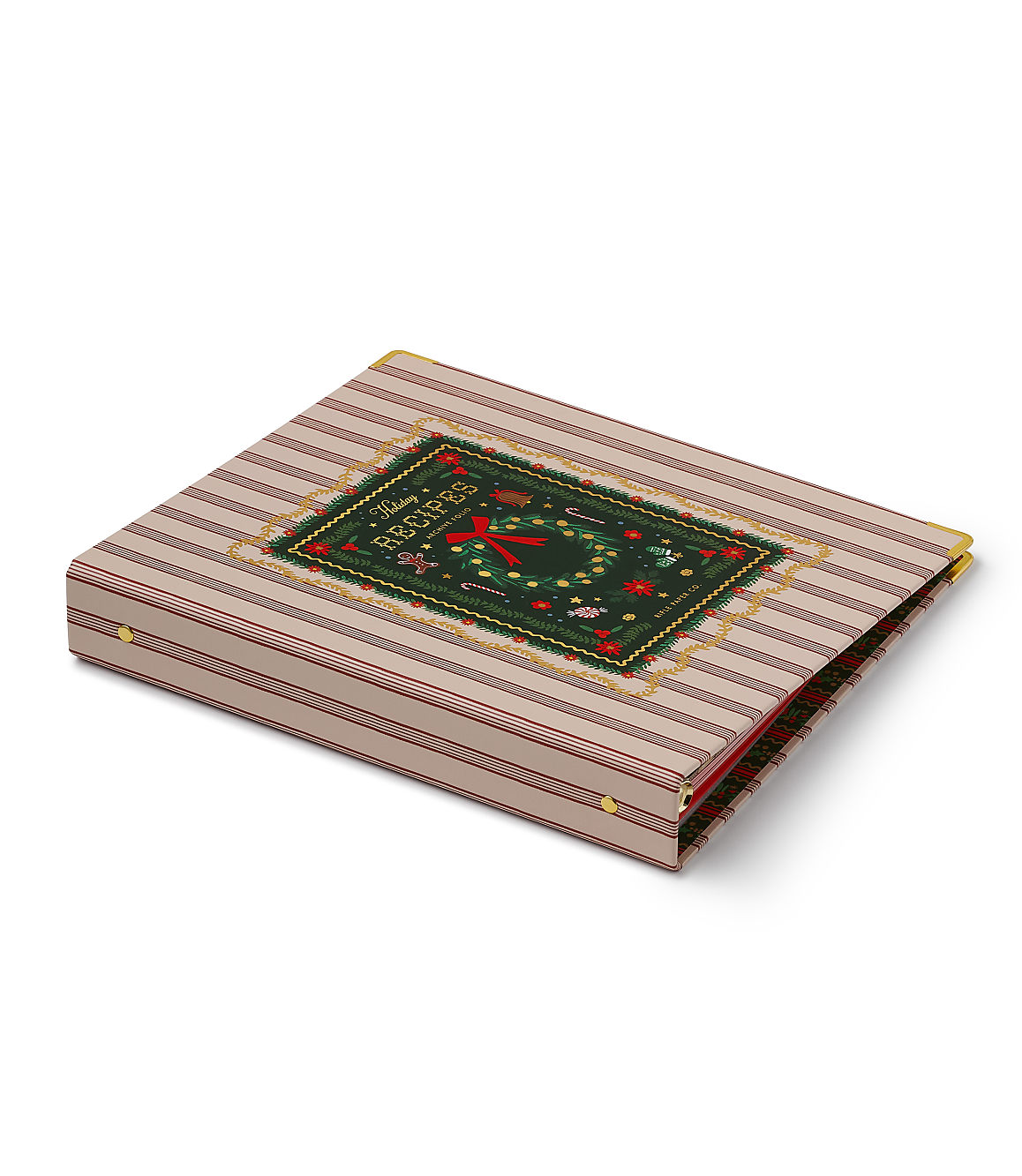 A red and white striped recipe binder with a festive holiday wreath design on the cover sits against a plain white background.