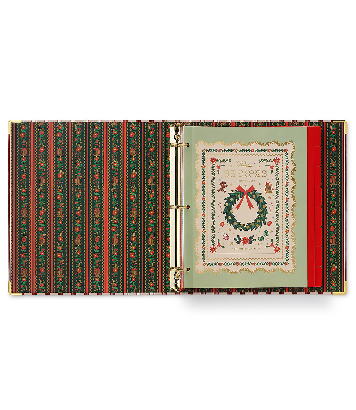 An open, festive green and red patterned binder containing a "Holiday Recipes" page sits against a plain white background.