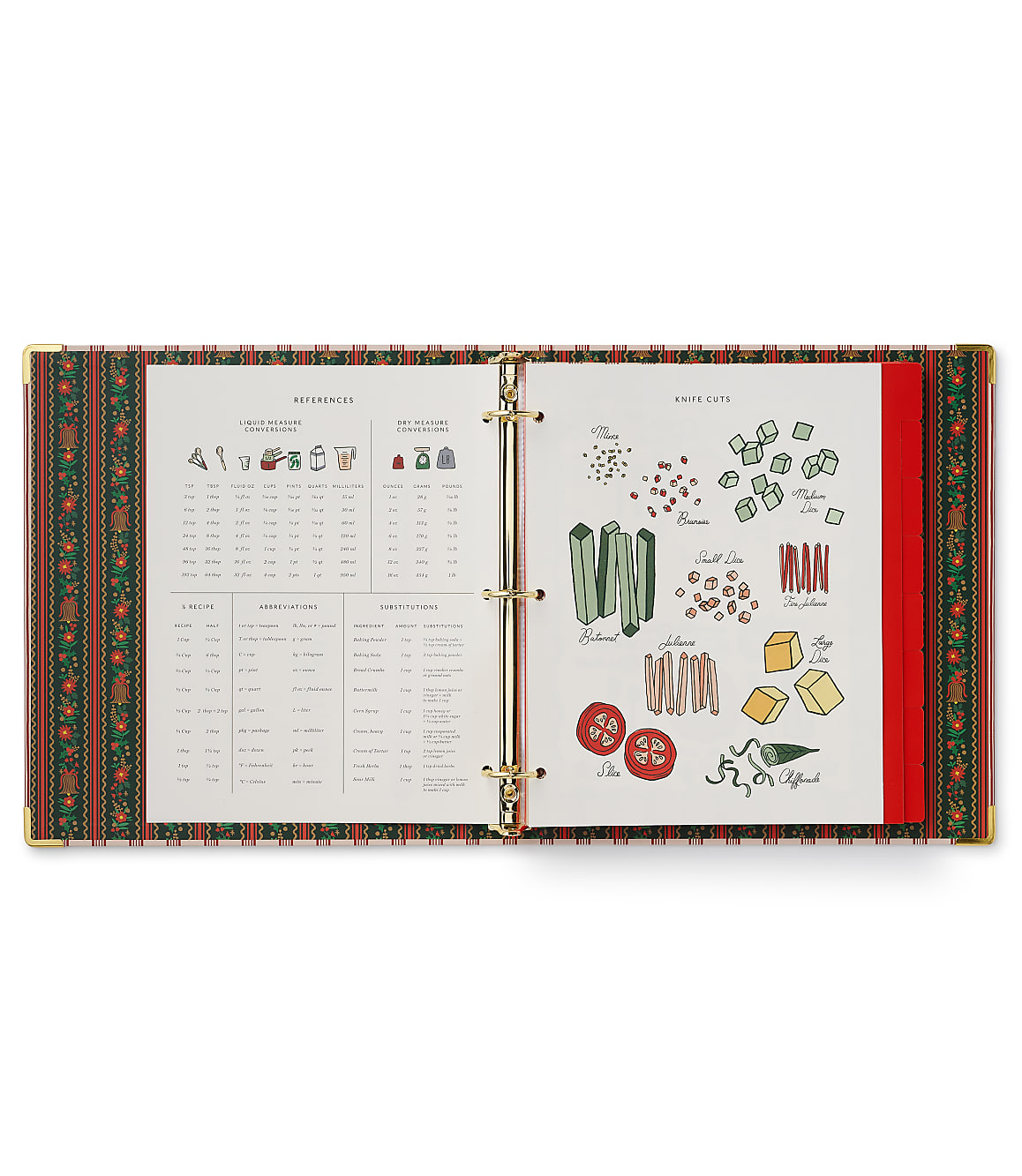An open recipe binder with measurement references and knife cut guides sits against a plain white background.