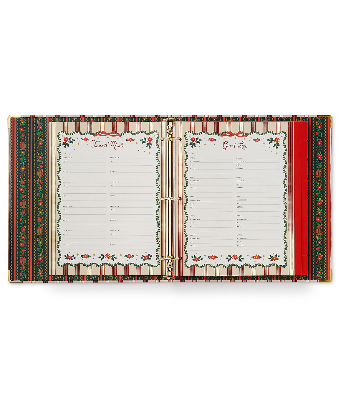 An open holiday-themed planner with "Favorite Meals" and "Guest Log" pages sits against a plain white background.