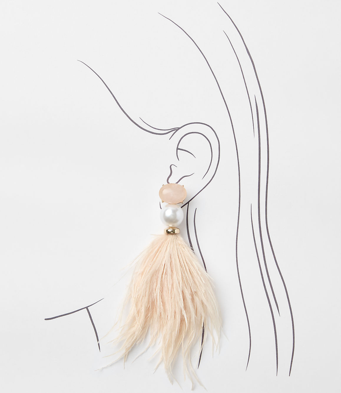 A peach-colored feather earring with a pearl and gemstone is positioned against a minimalist line drawing of a woman's profile on a white background.