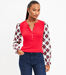 Plaid Henley Mixed Media Top carousel Product Image 1