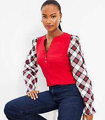Plaid Henley Mixed Media Top carousel Product Image 2