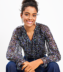 Shimmer Floral Ruffle Tie Neck Blouse carousel Product Image 2