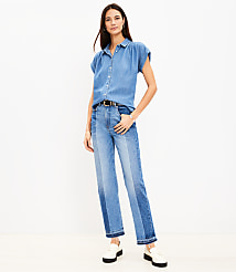 Striped Let Down Hem High Rise Straight Jeans in Original Mid Indigo Wash carousel Product Image 2
