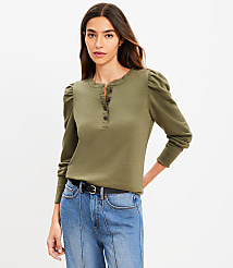 Puff Sleeve Henley Mixed Media Sweatshirt carousel Product Image 1
