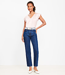 Pintucked High Rise Straight Jeans in Refined Dark Indigo Wash carousel Product Image 1