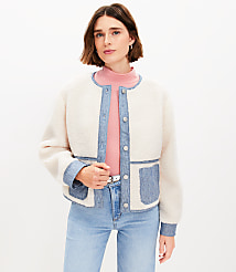 Petite Denim Trim Sherpa Jacket carousel Product Image 1