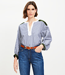 Colorblock Striped Poplin Split Neck Blouse carousel Product Image 1