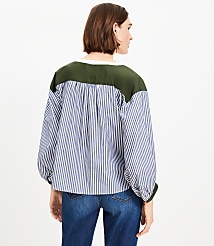 Colorblock Striped Poplin Split Neck Blouse carousel Product Image 3