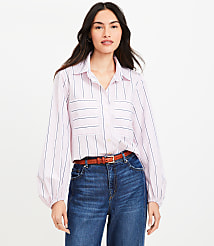 Striped Poplin Blouson Sleeve Pocket Shirt carousel Product Image 3