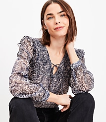 Petite Ornamental Floral Shirred Tie Neck Blouse carousel Product Image 2