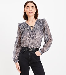 Petite Ornamental Floral Shirred Tie Neck Blouse carousel Product Image 1