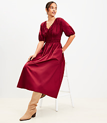 Shirred Tie Neck Midi Pocket Dress carousel Product Image 1