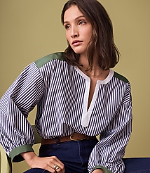 Colorblock Striped Poplin Split Neck Blouse carousel Product Image 4