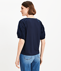 Petite Dobby Bubble Sleeve Mixed Media Blouse carousel Product Image 2