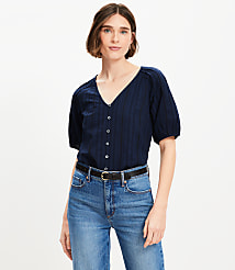Petite Dobby Bubble Sleeve Mixed Media Blouse carousel Product Image 3