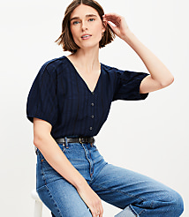 Petite Dobby Bubble Sleeve Mixed Media Blouse carousel Product Image 1