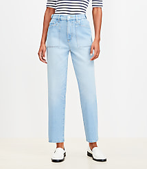Petite Curvy Tab Waist High Rise Straight Jeans in Bright Mid Indigo Wash carousel Product Image 1