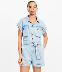 Petite Denim Utility Romper in Light Wash carousel Product Image 1