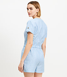 Petite Striped Linen Cotton Split Neck Romper carousel Product Image 3