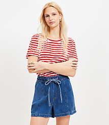 Petite High Rise Drawstring Denim Shorts in Classic Mid Wash carousel Product Image 1
