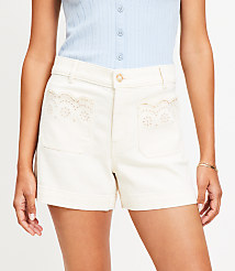 Petite Eyelet Pocket Palmer Denim Shorts in Ivory carousel Product Image 4