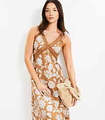 Petite Floral Lace Trim Linen Blend Midi Dress carousel Product Image 1