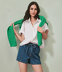 Petite High Rise Drawstring Denim Shorts in Classic Mid Wash carousel Product Image 4