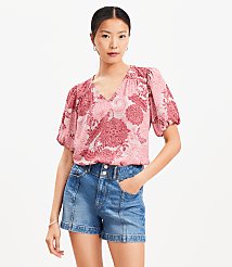 Floral Bubble Sleeve Mixed Media Blouse carousel Product Image 1
