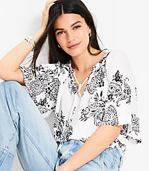 Petite Garden Tie Neck Mixed Media Blouse carousel Product Image 1